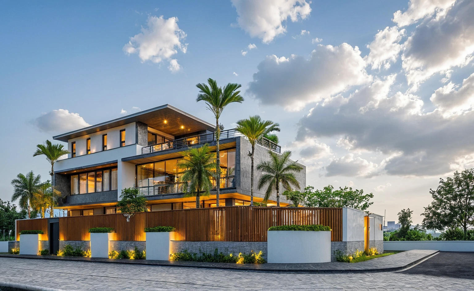 Masterpiece, high quality, best quality, authentic, super detail, outdoors, threestoreyvillaXL, aiaigroup, house style modern on the street, white wall, road, pavement, grass, trees, sky, cloud, (daylight:1.1),