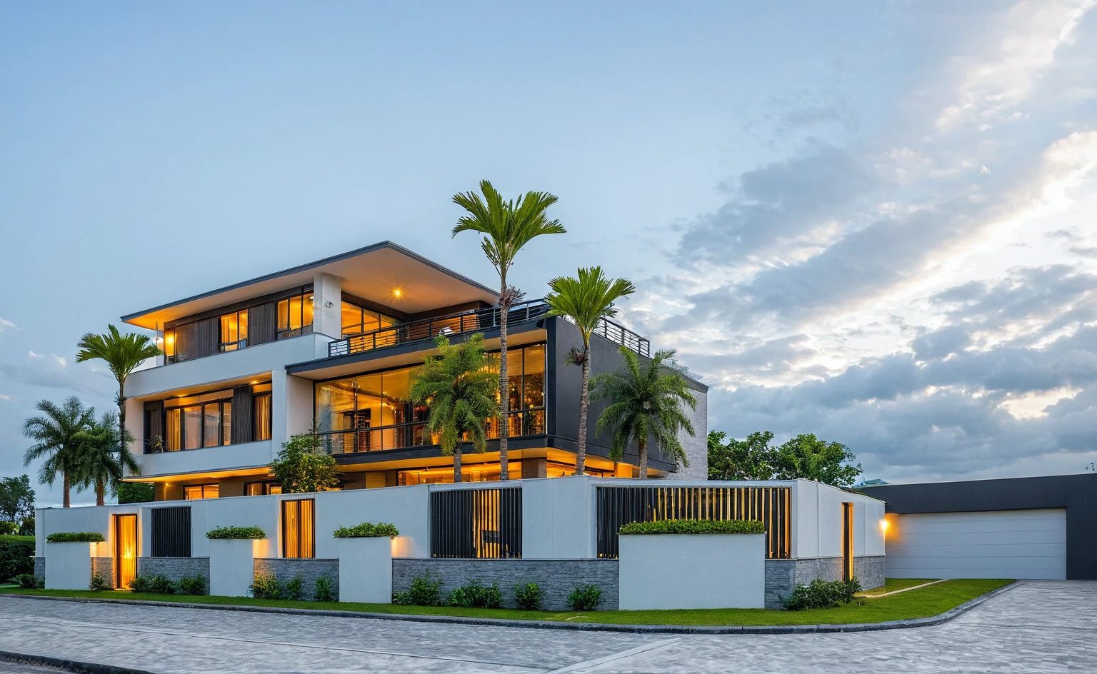 Masterpiece, high quality, best quality, authentic, super detail, outdoors, threestoreyvillaXL, aiaigroup, house style modern on the street, white wall, road, pavement, grass, trees, sky, cloud, (daylight:1.1),