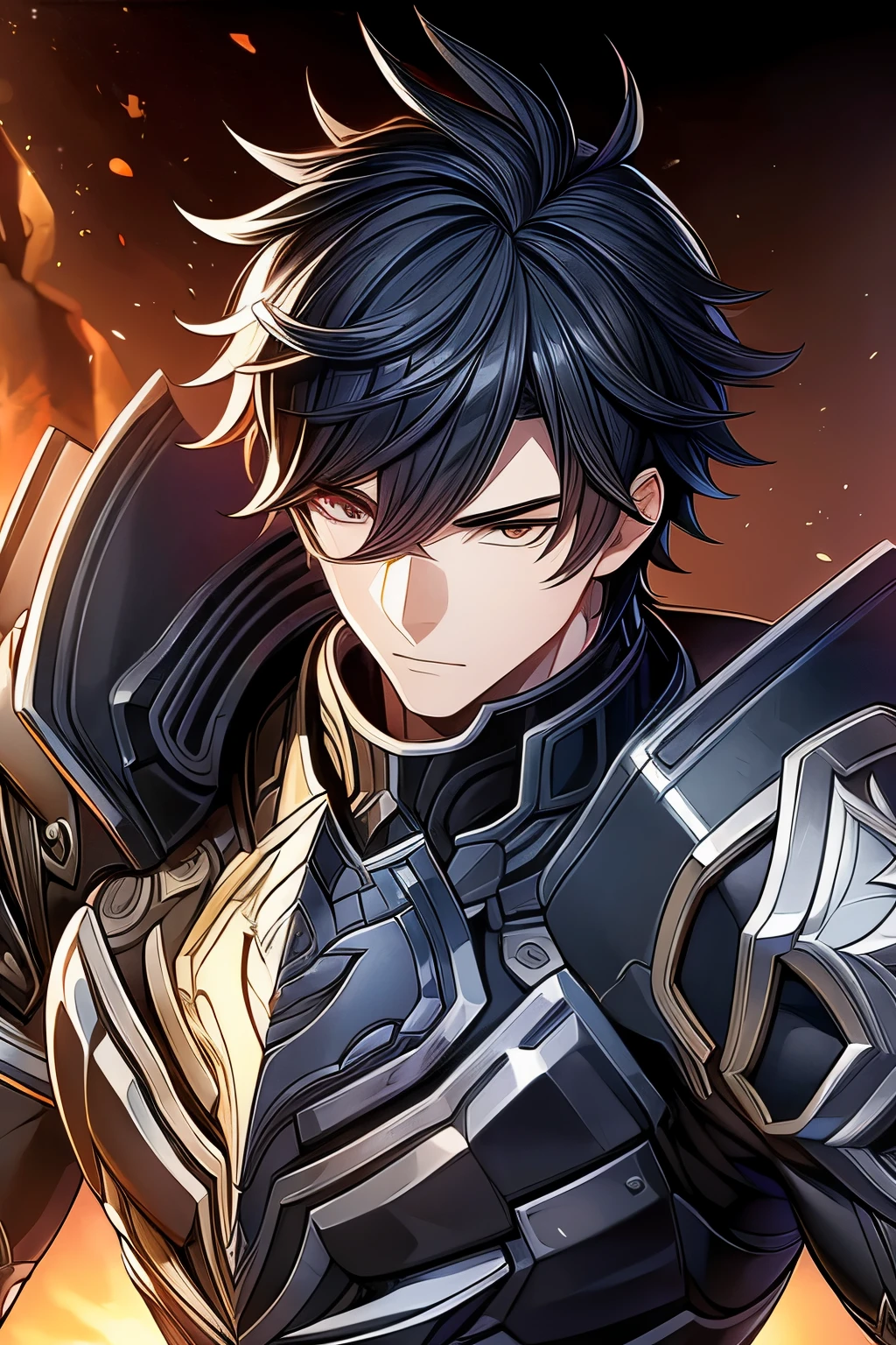 (work of art, best qualityer, face perfect, expressive eyes), Black Knight Armor, black leather cover, details Intricate, black breastplate, a male anime,single character, short black hair with white highlights, barba, visual novel sprite, detailed black armor, high qualiy, cinematic, dramatic pose, details Intricate, swirly vibrant colors, work of art, impacto genshin. 