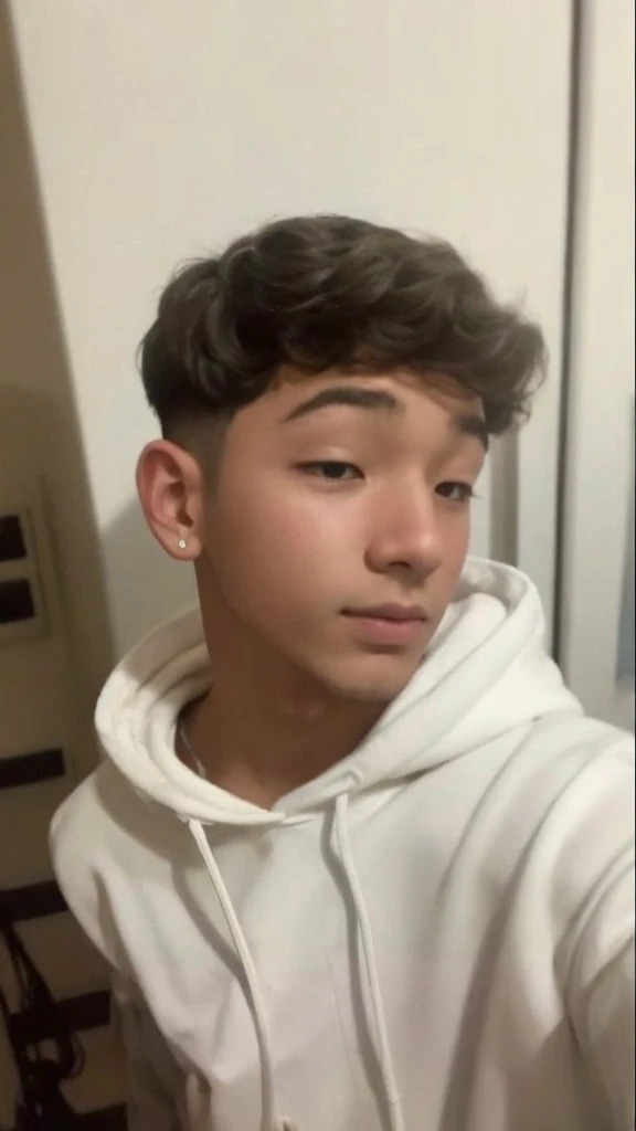 A boy, curled hair, White coat.