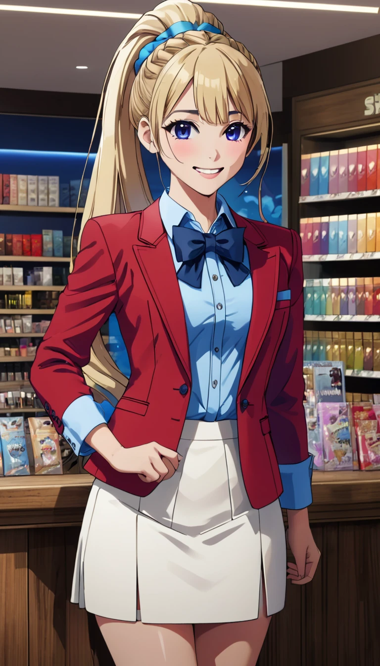 masterpiece, best quality, highres, ponytail hair, (single braid:1.2), hair ribbon, red blazer,buttoned blazer, blue bowtie, long sleeves, white skirt, standing put hands on hip,smile,cowboy shot, in cosmetic shop