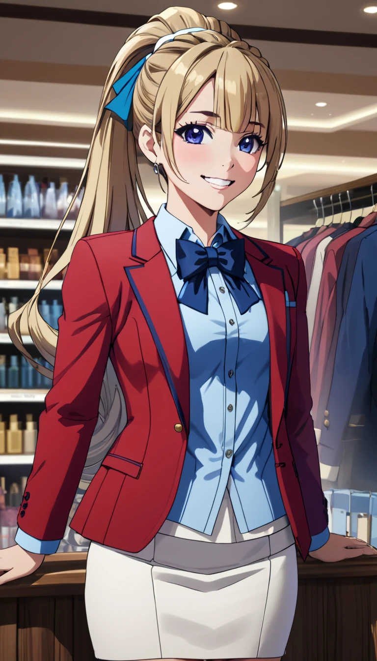 masterpiece, best quality, highres, ponytail hair, (single braid:1.2), hair ribbon, red blazer,buttoned blazer, blue bowtie, long sleeves, white skirt, standing put hands on hip,smile,cowboy shot, in cosmetic shop