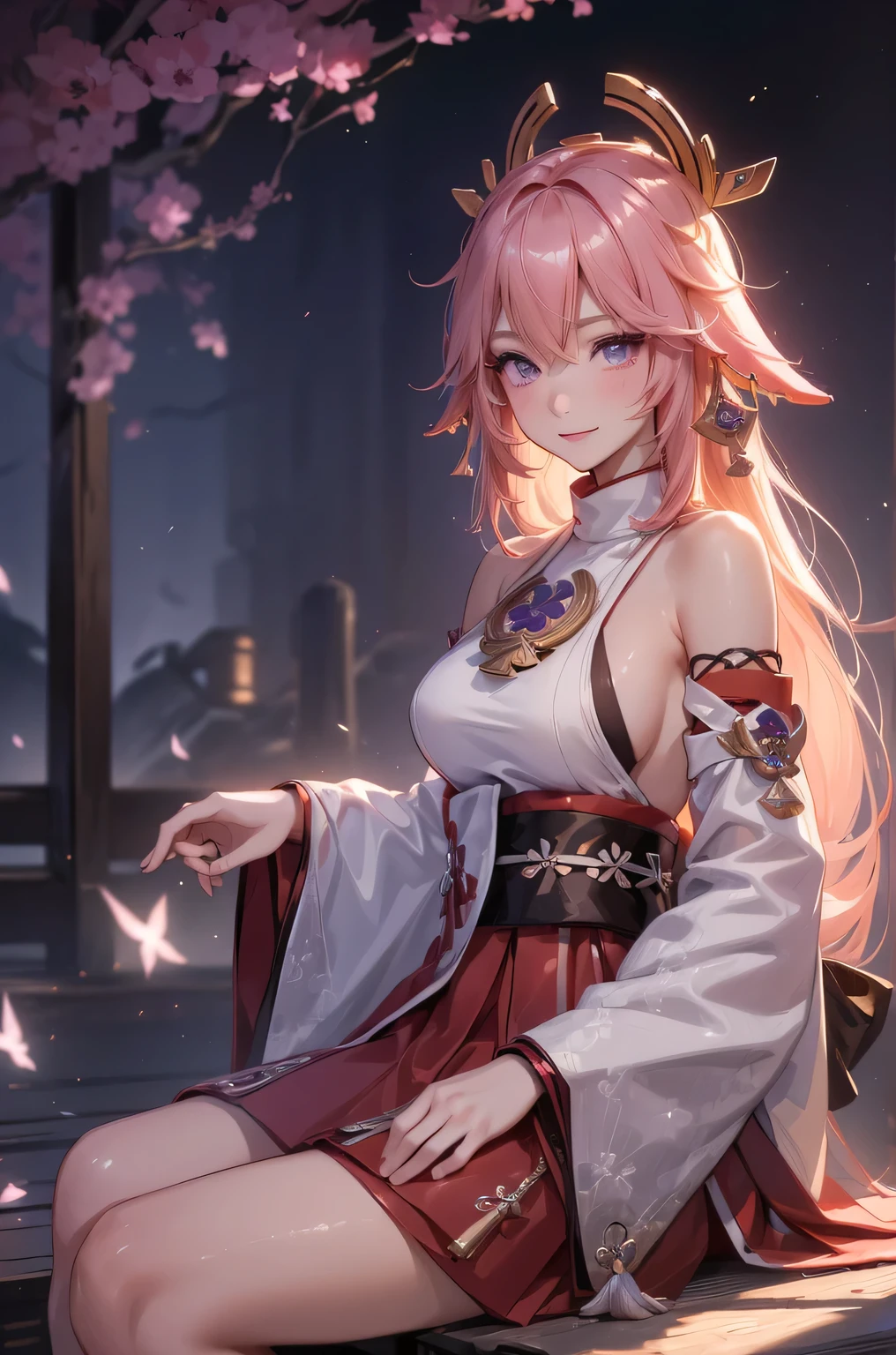 ((yaemikodef)):1.5, ((masterpiece,Highest quality,Highly detailed images,Beautiful images)), (Image of yaemiko smiling in front of lightning、Overall dim lighting、Backlight、Fantastic dark atmosphere、Thick Fog、Dust flutters),(yaemiko is sitting.)1.2, sideboob