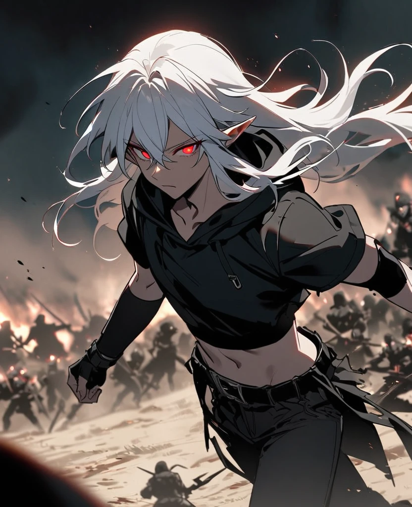 Male,5'4,pierced pointy ears,light skin,red eyes, white ombre long hair half up half down,black albow length fingerless gloves,ripped red short sleeve cropped hoodie,black tight shirt,ripped black jeans,on a battlefield with darkness in his eyes as he approches his enemies