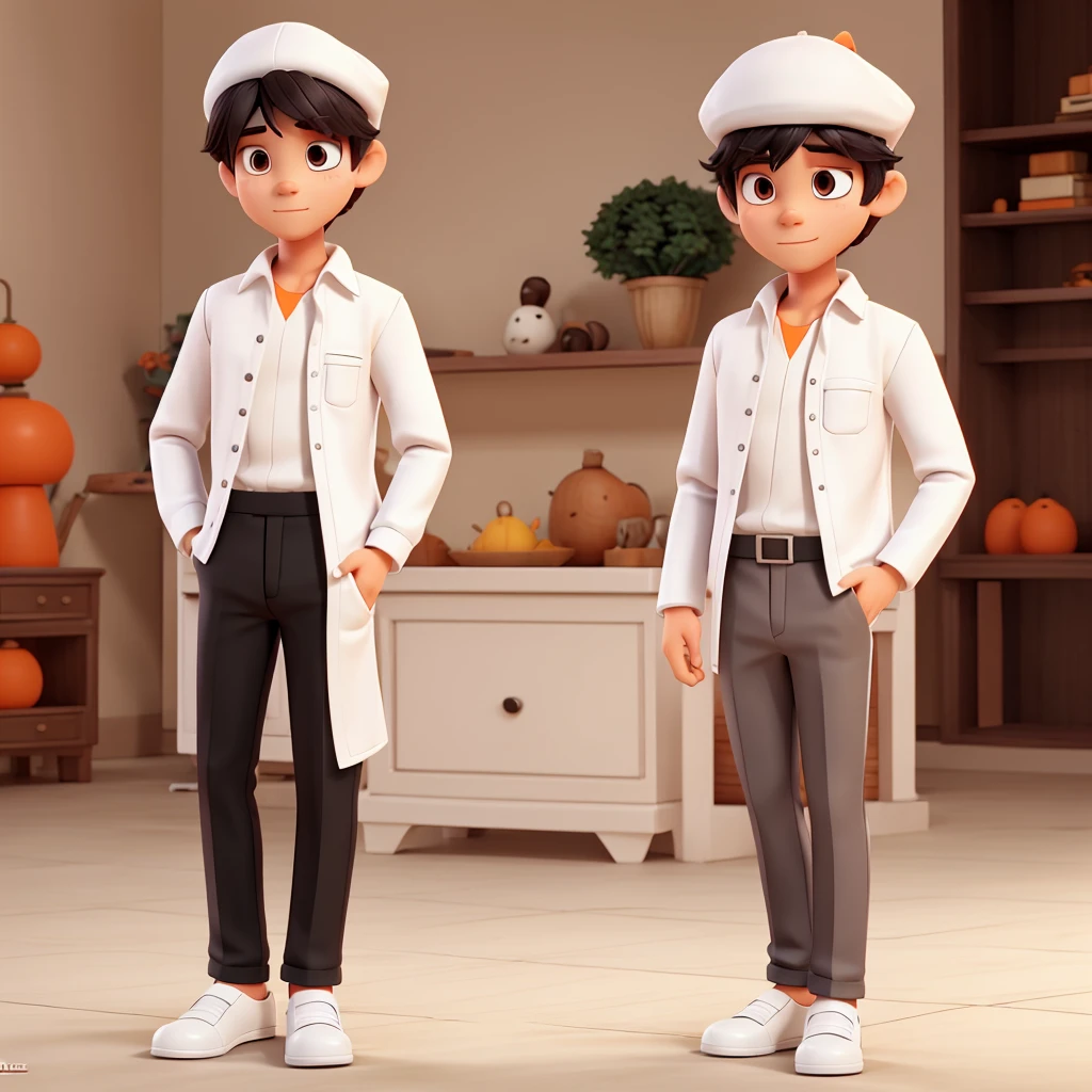 male character, White cap with medium hair ,white MASK, Orange long sleeve blouse, black pants,black kenner slippers(male character