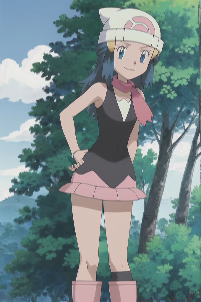 masterpiece, Highest quality, One girl, dawn \(Pokemon\), Beanie, Long Hair, Blue Hair, blue eyes, Black sleeveless shirt, Pink scarf, Pink Skirt, Pink Boots, Hands on hips, smile, View your viewers, Forest Background