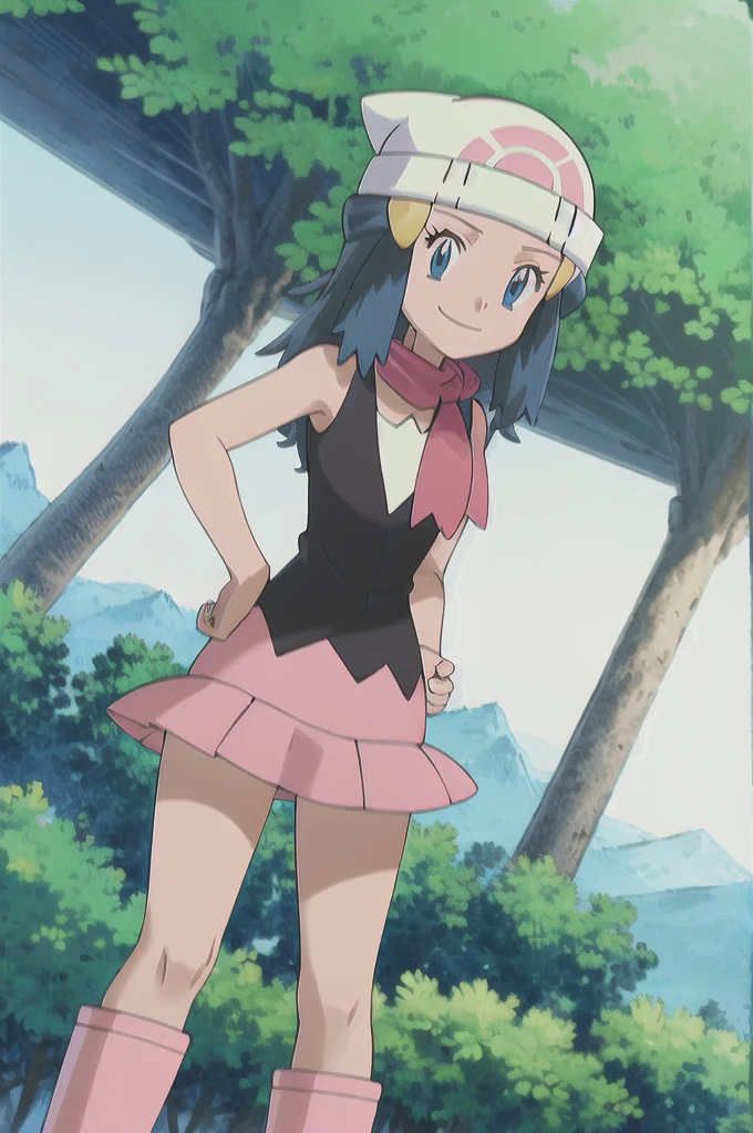 masterpiece, Highest quality, One girl, dawn \(Pokemon\), Beanie, Long Hair, Blue Hair, blue eyes, Black sleeveless shirt, Pink scarf, Pink Skirt, Pink Boots, Hands on hips, smile, View your viewers, Forest Background