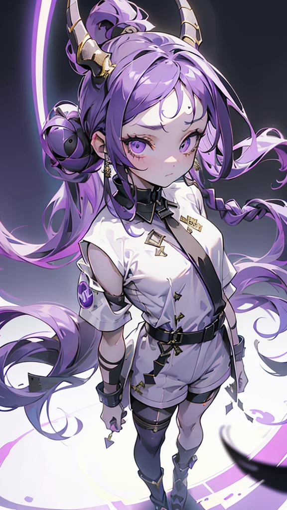 boy, thoughtful look, open forehead, black and purple hair braided into a ponytail on the left side in a bun. small curly black horns wrapped in white ribbon, pale violet eyes, short dark purple shorts. Long white t-shirt. dark purple knee socks. dark purple hooded robe, with a pattern of gold circles and a white robe on the inside. dark corridor with stairs, rays of light fall from above