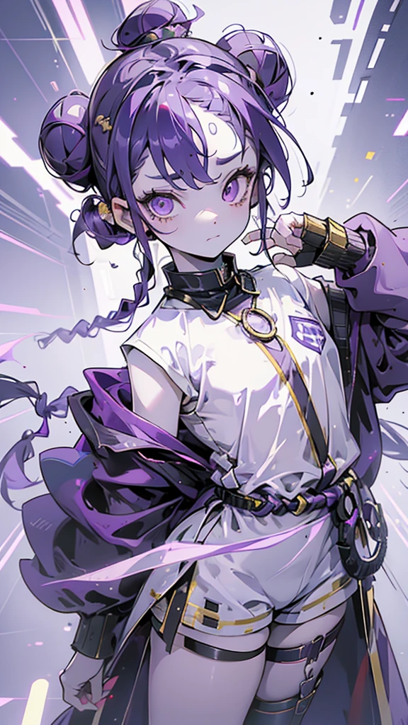 boy, thoughtful look, open forehead, black and purple hair braided into a ponytail on the left side in a bun. small curly black horns wrapped in white ribbon, pale violet eyes, short dark purple shorts. Long white t-shirt. dark purple knee socks. dark purple hooded robe, with a pattern of gold circles and a white robe on the inside. dark corridor with stairs, rays of light fall from above