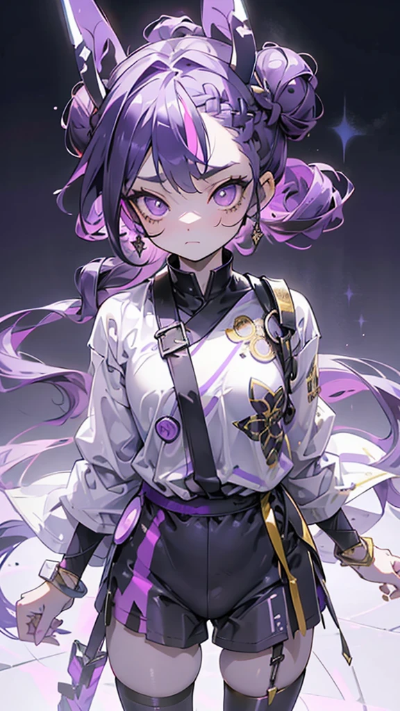 boy, thoughtful look, open forehead, black and purple hair braided into a ponytail on the left side in a bun. small curly black horns wrapped in white ribbon, pale violet eyes, short dark purple shorts. Long white t-shirt. dark purple knee socks. dark purple hooded robe, with a pattern of gold circles and a white robe on the inside. dark corridor with stairs, rays of light fall from above