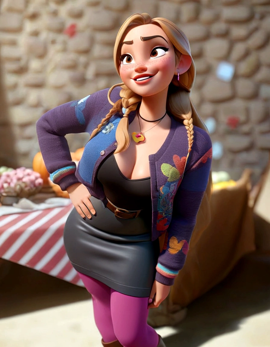a woman with a, Disney Pixar style A photo from a 3D Disney movie of a woman girl with long, straight blonde hair and blonde highlights. In the Pixar, Disney style, beautiful clear and detailed face, huge brown eyes, adorable. Autumn vibes. Unreal 8k octane rendering engine