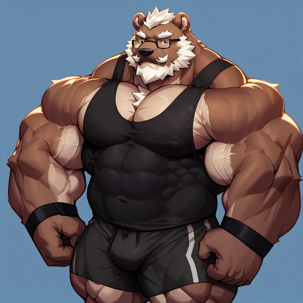 solo, 1boy, Huge Muscular Old Grizzly Bear wearing glasses, correct anatomy, steroid, pectoral, huge pectoral, wide pectoral, short white hair, black gym short pants, black wristbands and black black tank top , bearded, Mustache, simple background, masterpiece, high detailed, 8k, high resolution, at the gym, heavy overloads