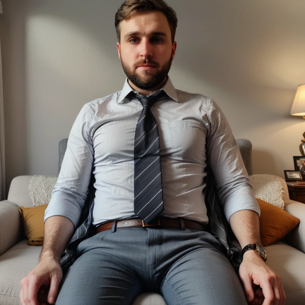 redhead man, very handsome, well combed short hair, marked pectoral, with plain black sweater and tie, naked, with a big penis and open legs, in his office, sitting on his desk, with night light