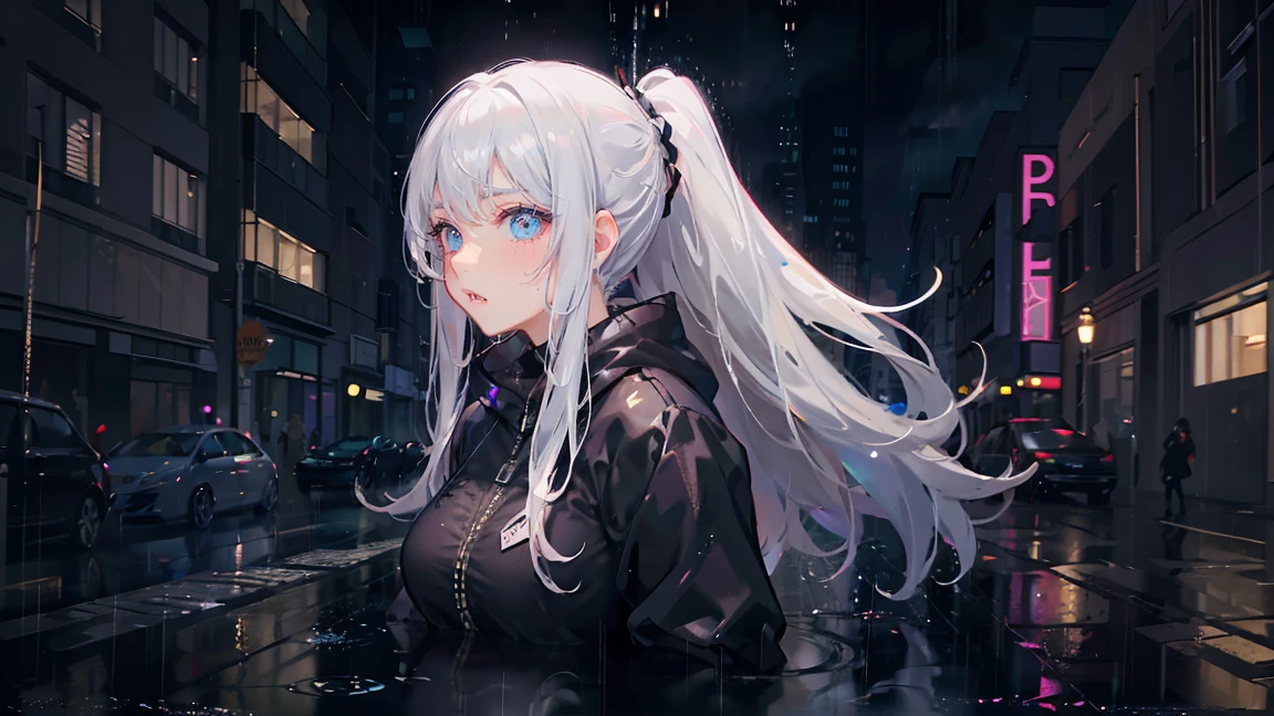 pretty anime girl, 16k quality, masterpiece, ((hyper detail background, delicate pattern, intricate detail)), best quality, intricate detail, chromatic aberration, 1 girl, splashed paint, cloud color hair, messy hair, silky ponytail hairstyle, silver highlights, gray eyes, sharp eyes, extremely detailed face, extremely detailed eyes and face, beautiful detail eyes, chokes, (heavy rain, raining, pouring rain:1.5),( puddles, water ripples:1.2),(outdoor),(cloudy),( hair swaying in the wind, happy face, running)(Wet body, wet hair, soaking wet, dripping water, , graffiti, dim lights, alley), lime color hoodie with black painting on shirt, black skinny pant, masterpiece, best quality, extremely detail shadow quality, advance for background and shadows quality, all body, wear a glass, colorful, all body. no glitches on image