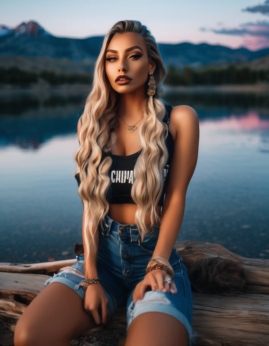 (best quality,4k,highres, highres face details), blonde long braided hair, 18 years old, instagram model, 36DD fake breast, fake lashes, fake lips, dark makeup, perfect skin, tan skin, she is skinny, she is caucasian, she is wearing short jeans shorts and a crop top, high heels, slim gold chain, in the nature, by a lake,camping in utah, at night, campire light, sitting in a chair, huge fake breast 36DD, posing, sexy, sensual vibes