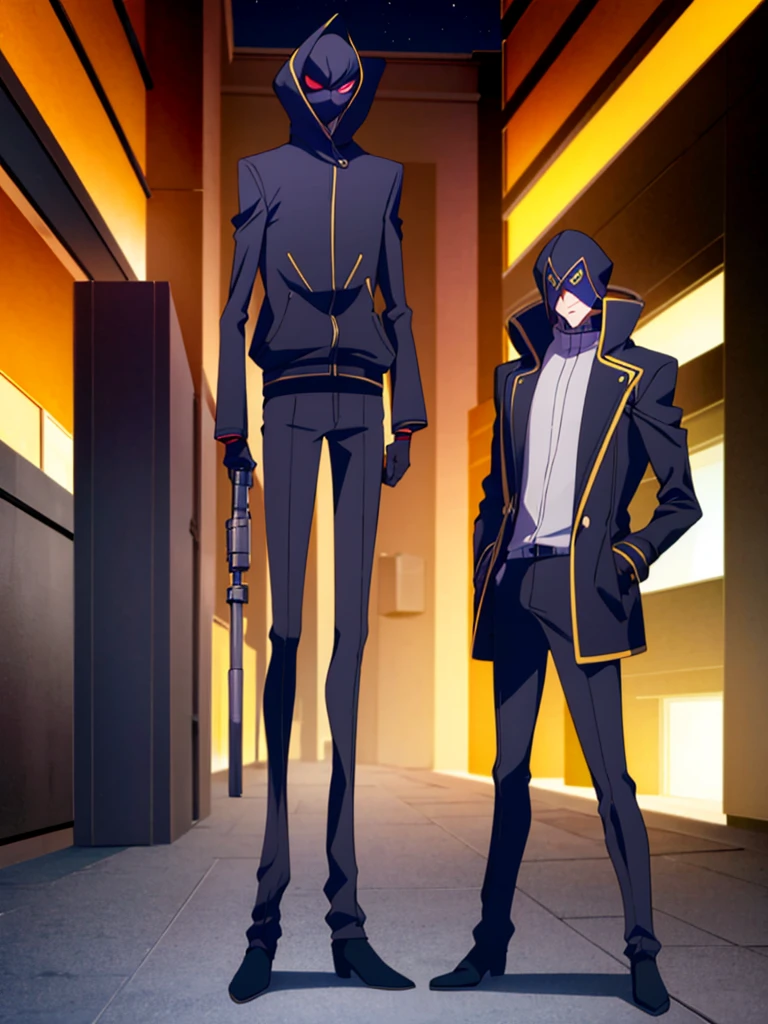 Male, teenager, vigilante, wearing dark clothes, a coat, and a mask, athletic build, hands in pockets, standing at attention, nighttime setting, lone figure, facing viewer, fully in frame, full body shot, Code Geass style, codeGeass, CODEGEASS