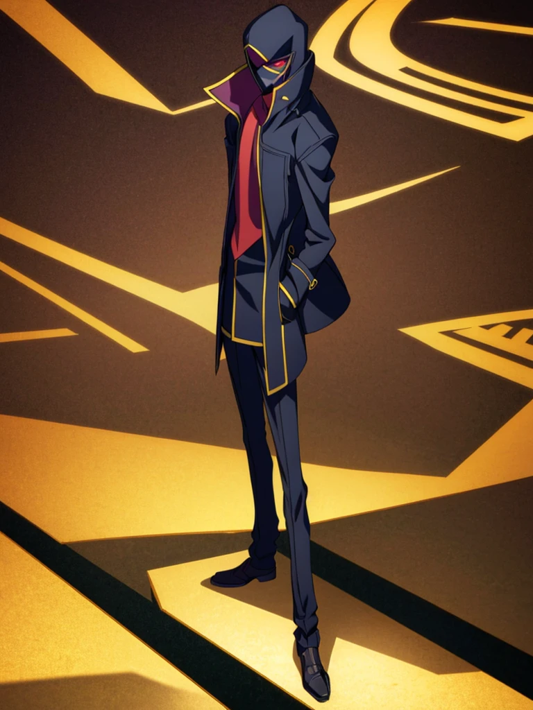 Male, teenager, vigilante, wearing dark clothes, a coat, and a mask, athletic build, hands in pockets, standing at attention, nighttime setting, lone figure, facing viewer, fully in frame, full body shot, Code Geass style, codeGeass, CODEGEASS