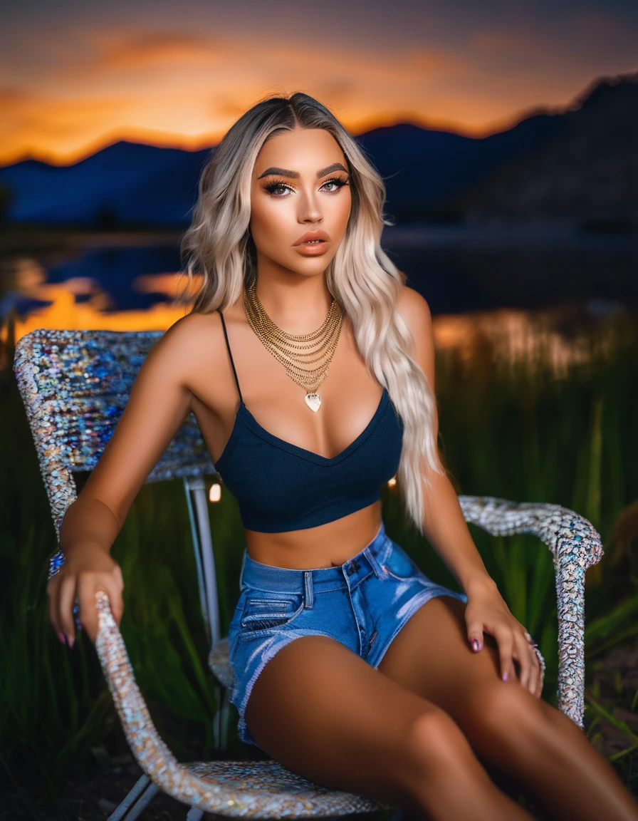 (best quality,4k,highres, highres face details), blonde long braided hair, 18 years old, instagram model, 36DD fake breast, fake lashes, fake lips, dark makeup, perfect skin, tan skin, she is skinny, she is caucasian, she is wearing short jeans shorts and a crop top, high heels, slim gold chain, in the nature, by a lake,camping in utah, at night, campire light, sitting in a chair, huge fake breast 36DD, posing, sexy, sensual vibes