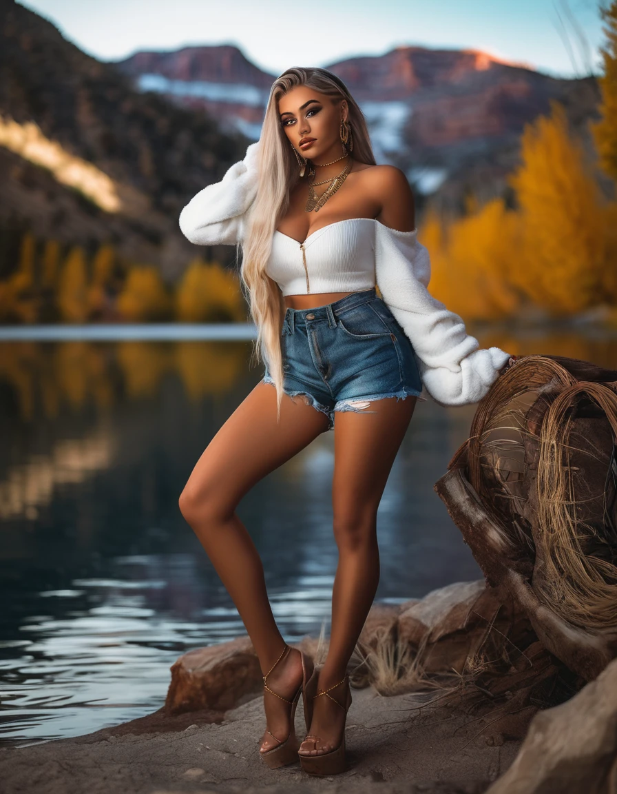 (best quality,4k,highres, highres face details), blonde long braided hair, 18 years old, instagram model, 36DD fake breast, fake lashes, fake lips, dark makeup, perfect skin, tan skin, she is skinny, she is caucasian, she is wearing short jeans shorts and a crop top, high heels, slim gold chain, in the nature, by a lake,camping in utah, at night, campire light, sitting in a chair, huge fake breast 36DD, posing, sexy, sensual vibes