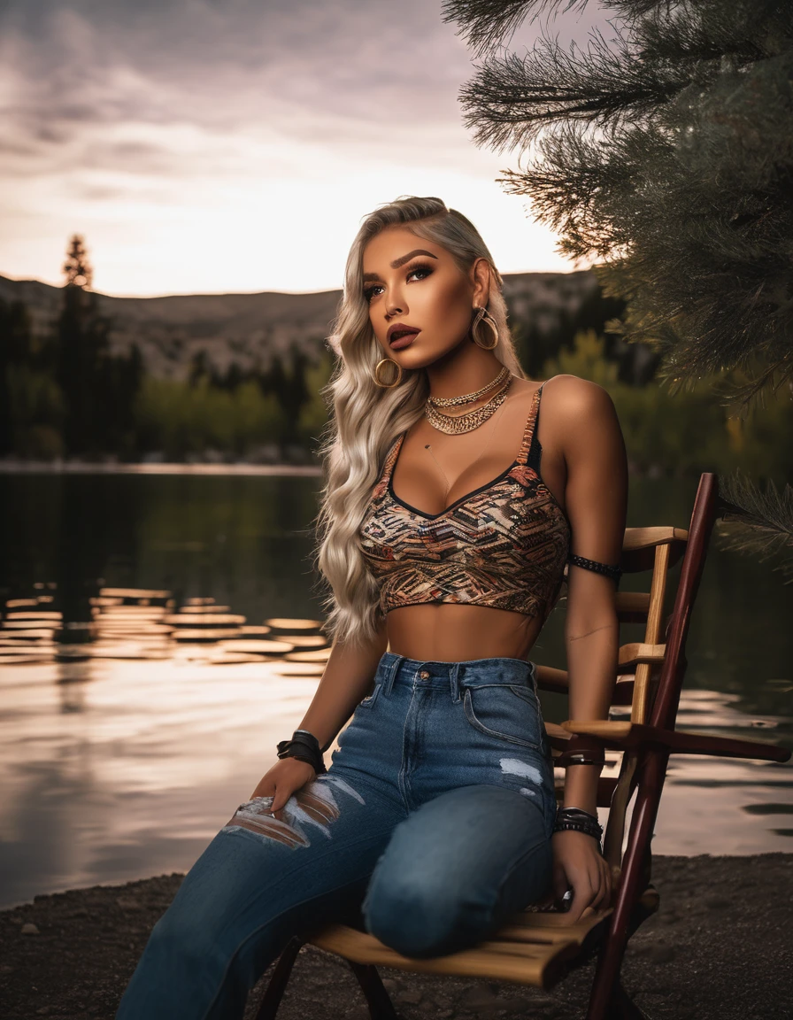 (best quality,4k,highres, highres face details), blonde long braided hair, 18 years old, instagram model, 36DD fake breast, fake lashes, fake lips, dark makeup, perfect skin, tan skin, she is skinny, she is caucasian, she is wearing short jeans shorts and a crop top, high heels, slim gold chain, in the nature, by a lake,camping in utah, at night, campire light, sitting in a chair, huge fake breast 36DD, posing, sexy, sensual vibes