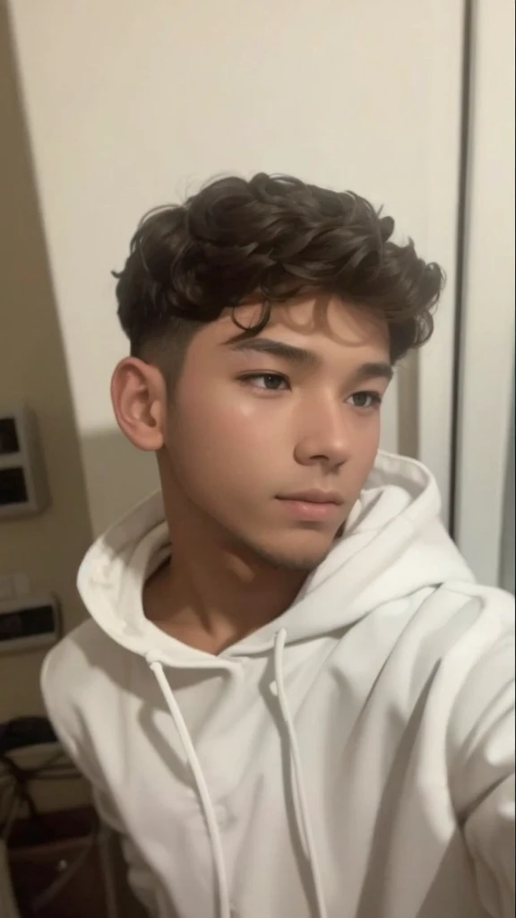 A boy, curled hair, White coat.