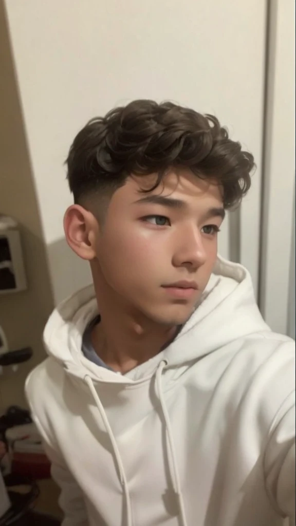 A boy, curled hair, White coat.