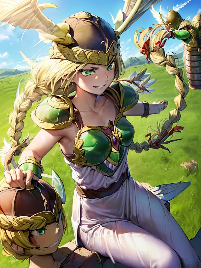 masterpiece, ultra-detailed, best quality,1girl, 18yo, beautiful girl,BREAK,(Armor:1.8),BREAK,(Long Mitsuami:1.8),BREAK,(Helmet with wings:1.8),
