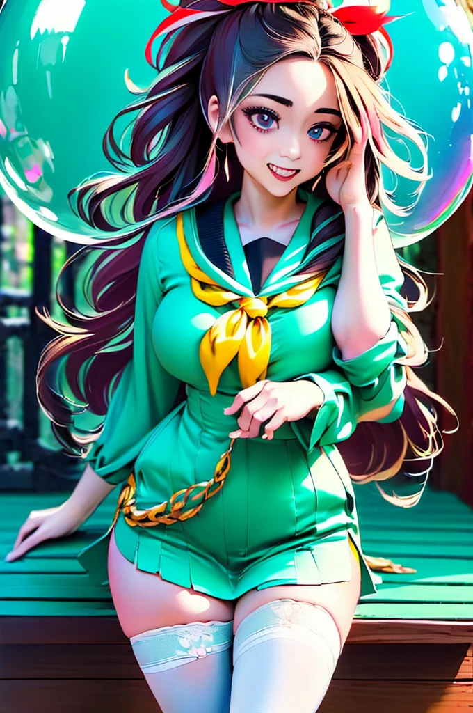 (masterpiece), (best quality), (official art, extremely detailed CG unity 8k wallpaper), (highly detailed), ((absurdres)), 1girl, mid shot, (exquisite facial features),(serafuku:1.3) ((sfw)),((clear hands)), ((white thighhighs without shoes)),aqua eyes, color contact lenses, stars in the eyes, (((colorful bubble))), colourful glass, (album cover)