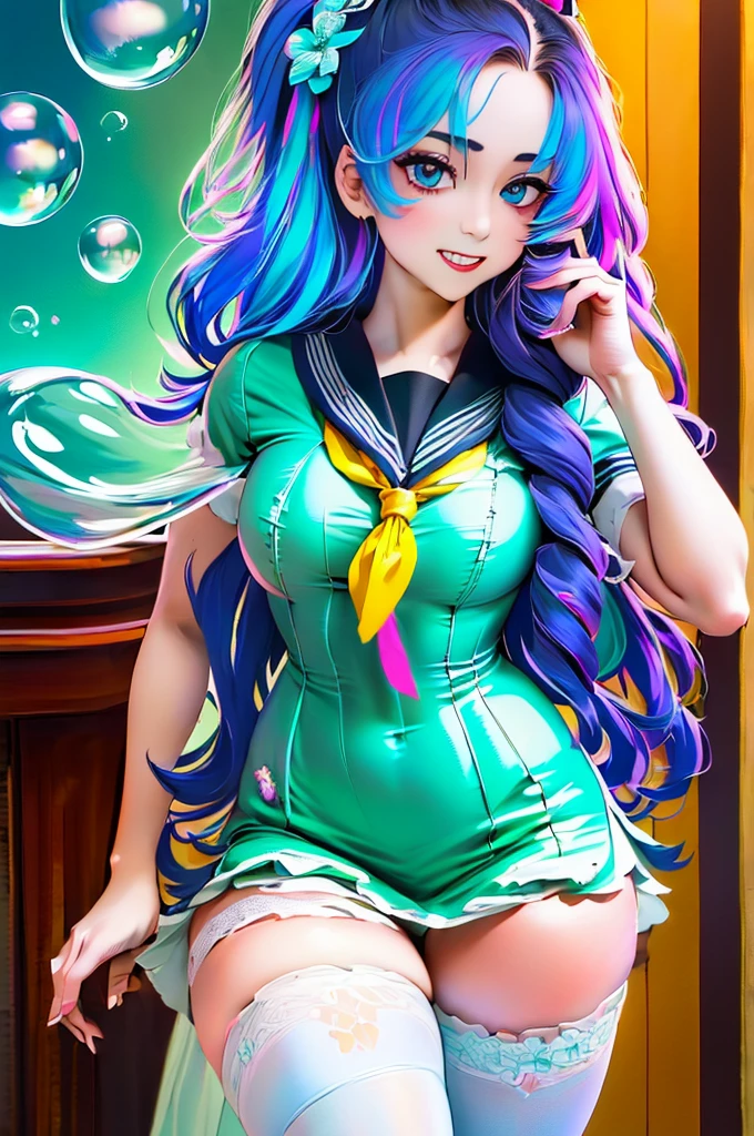 (masterpiece), (best quality), (official art, extremely detailed CG unity 8k wallpaper), (highly detailed), ((absurdres)), 1girl, mid shot, (exquisite facial features),(serafuku:1.3) ((sfw)),((clear hands)), ((white thighhighs without shoes)),aqua eyes, color contact lenses, stars in the eyes, (((colorful bubble))), colourful glass, (album cover)