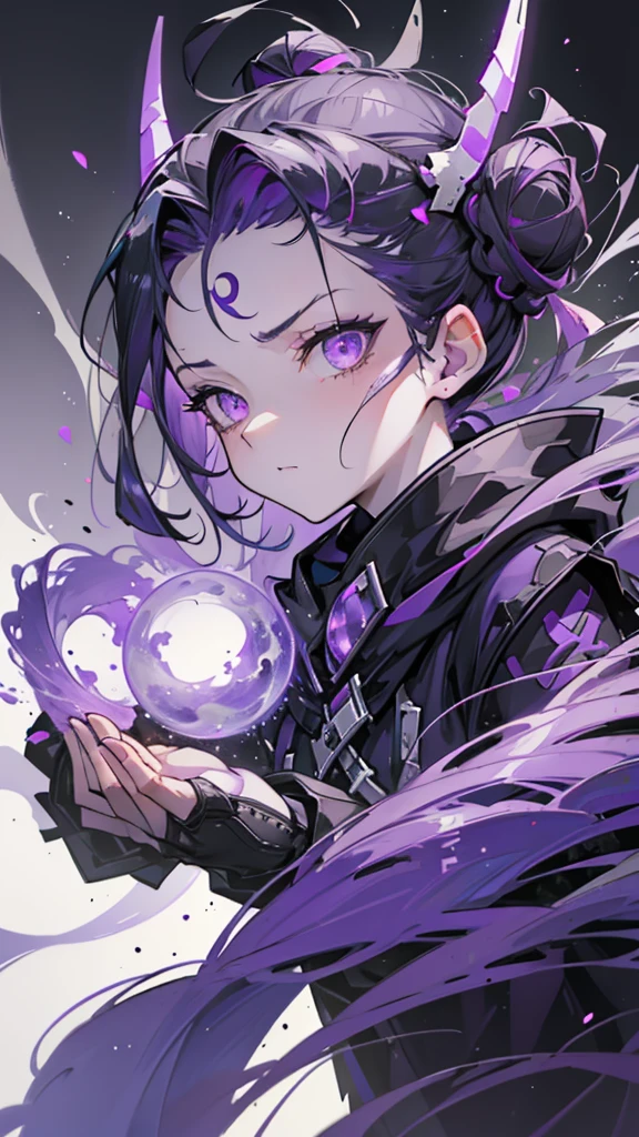 boy. thoughtful look. open forehead. black and purple hair tied in a bun on the left side to one side. sinuous black horns wrapped in dark purple ribbon. pale violet eyes. in short dark purple shorts. long white T-shirt. dark purple knee-high socks. dark_purple long coat with hood. древние dark_purple stone dungeon walls. purple light from lamps on the ceiling beams