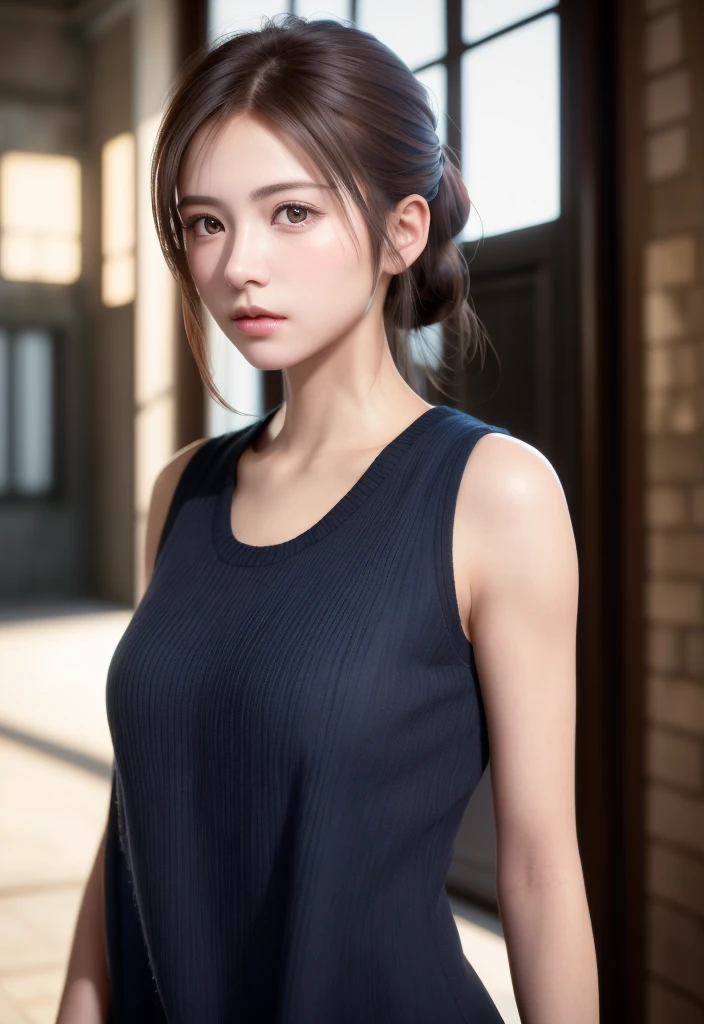 8K, of the highest quality, masutepiece:1.2), (Realistic, Photorealsitic:1.37), of the highest quality, masutepiece, Beautiful young woman, Pensive expression, Thoughtful look, Elegantly dressed, Hair tied back, Messy mood, Cinematic background, Tired, Light skin tone