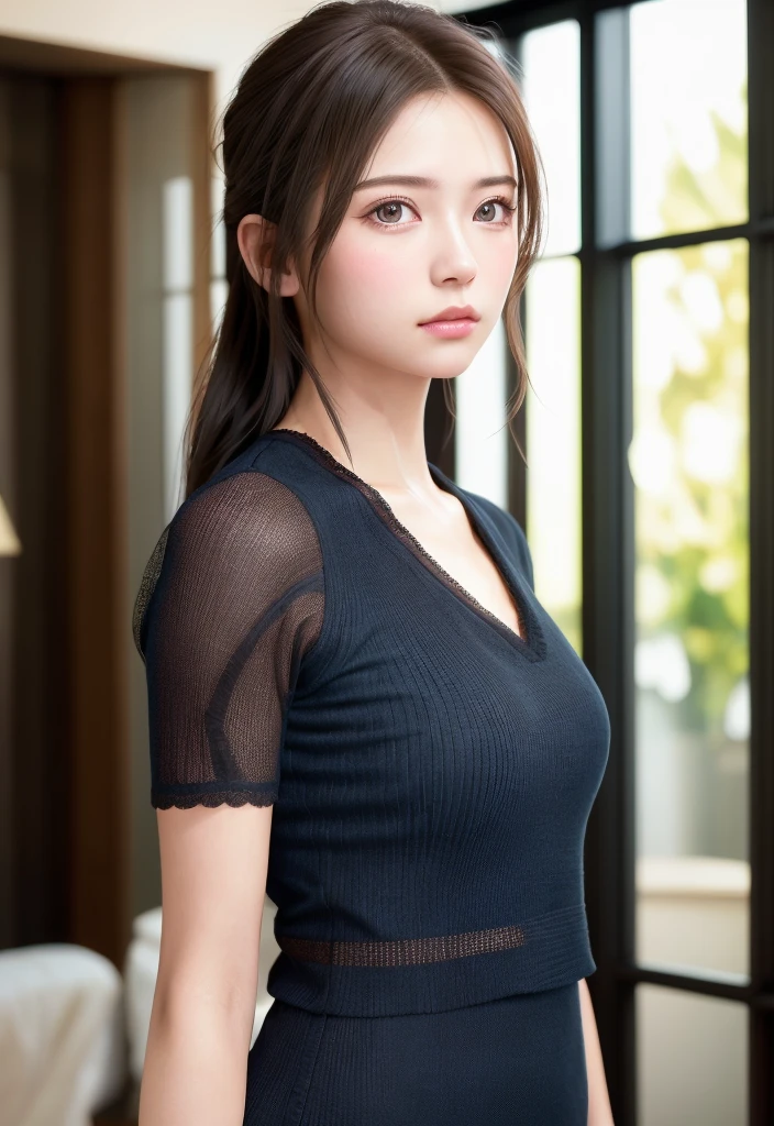 8K, of the highest quality, masutepiece:1.2), (Realistic, Photorealsitic:1.37), of the highest quality, masutepiece, Beautiful young woman, Pensive expression, Thoughtful look, Elegantly dressed, Hair tied back, Messy mood, Cinematic background, Tired, Light skin tone