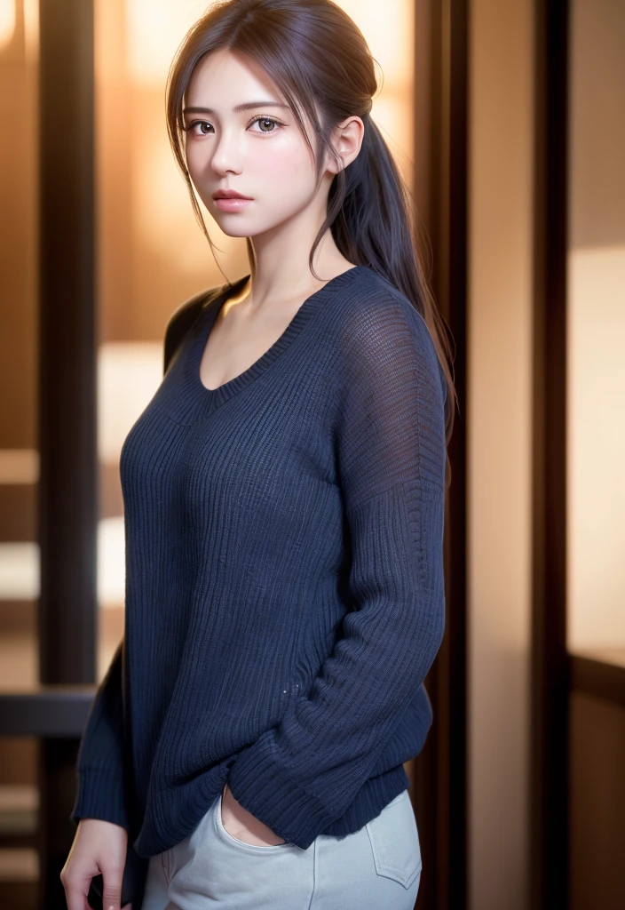 8K, of the highest quality, masutepiece:1.2), (Realistic, Photorealsitic:1.37), of the highest quality, masutepiece, Beautiful young woman, Pensive expression, Thoughtful look, Elegantly dressed, Hair tied back, Messy mood, Cinematic background, Tired, Light skin tone
