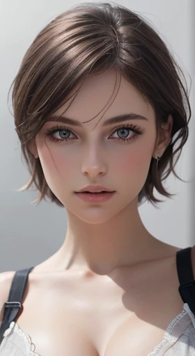 8K  UHD、RAWphotograph、Model photo shoot、Russian Race, European race, (masterpiece, highest quality, photorealistic, High resolution, photograph: 1.3), Close-up, Focusing, hot models, slim, 30 year old mature woman、small face、short cut hair、dark brown hair、Detailed beautiful eyes、Real skin, (perfect body), Sexy hot face, erotic, Sexual gaze, slim, Sweat top, Detailed beautiful eyes、glossy lips、small breasts、、bust B cup、((bright light、dynamic lighting、real、超real、 Realism、realistic details、Cool Beauty、cool pose、background gray、Plain gray background