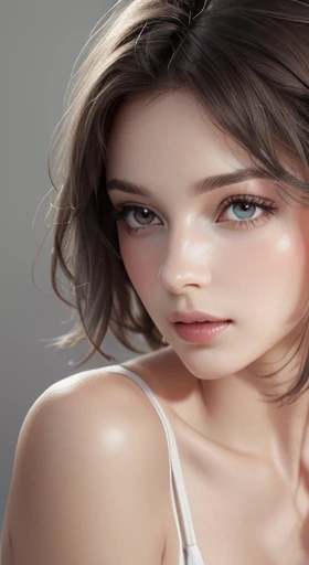 8K UHD、RAWphotograph、Model photo shoot、Russian Race, European race, (masterpiece, highest quality, photorealistic, High resolution, photograph: 1.3), Close-up, Focusing, hot models, slim, 30 year old mature woman、small face、short cut hair、dark brown hair、Detailed beautiful eyes、Real skin, (perfect body), Sexy hot face, erotic, Sexual gaze, slim, Sweat top, Detailed beautiful eyes、glossy lips、small breasts、、bust B cup、((bright light、dynamic lighting、real、超real、 Realism、realistic details、Cool Beauty、cool pose、background gray、Plain gray background