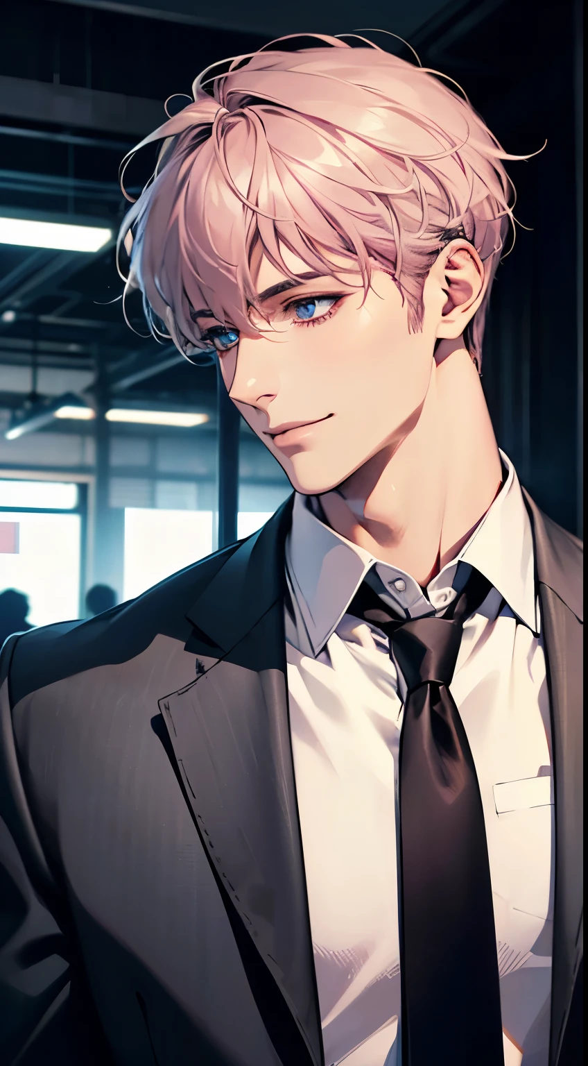 (Highest quality,4K,8K,High resolution,masterpiece:1.2),Super detailed,(Realistic,photoRealistic,photo-Realistic:1.37),1 person,31 years old,Mature Men,Beautiful skin、Profile、very handsome,Expressionless,smile,Short gray pink hair,blue eyes,Sharp Eyes,A perfect face without a doubt,Businessman,Office Background,Cinema Lighting,HDR image,tie、