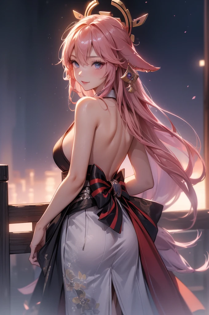 ((yaemikodef)):1.5, ((masterpiece,Highest quality,Highly detailed images,Beautiful images)), (Image of yaemiko smiling in front of lightning、Overall dim lighting、Backlight、Fantastic dark atmosphere、Thick Fog、Dust flutters),(stand, from backside.)1.2, sideboob