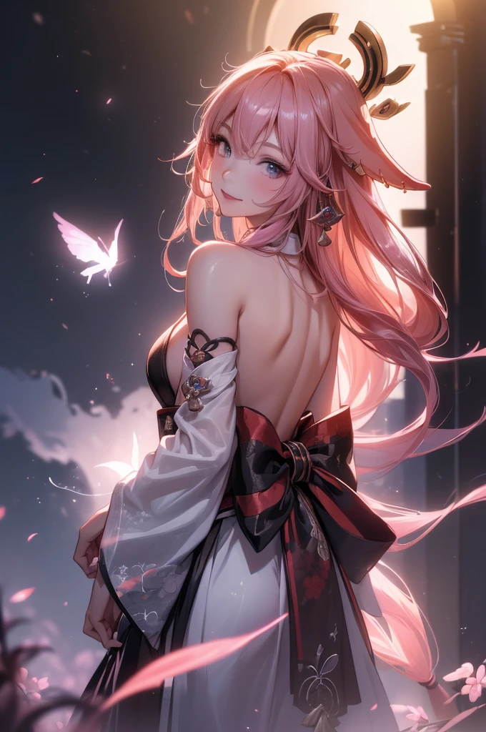 ((yaemikodef)):1.5, ((masterpiece,Highest quality,Highly detailed images,Beautiful images)), (Image of yaemiko smiling in front of lightning、Overall dim lighting、Backlight、Fantastic dark atmosphere、Thick Fog、Dust flutters),(stand, from backside.)1.2, sideboob
