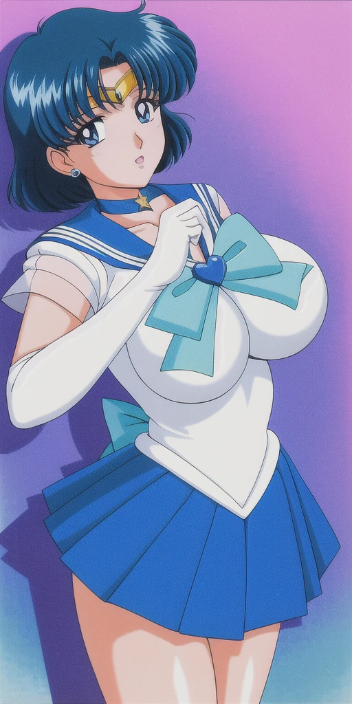 mizuno_ami, huge_breasts, standing, solo, SperSMRC_Blue_skirt_White_gloves_Blue_boots_Blue_star_choker_blue_bowtie_Blue_back_bow_Circlet_Heart_brooch_See-through_sleeves, masterpiece, best quality, detailed face, detailed eyes, highres,