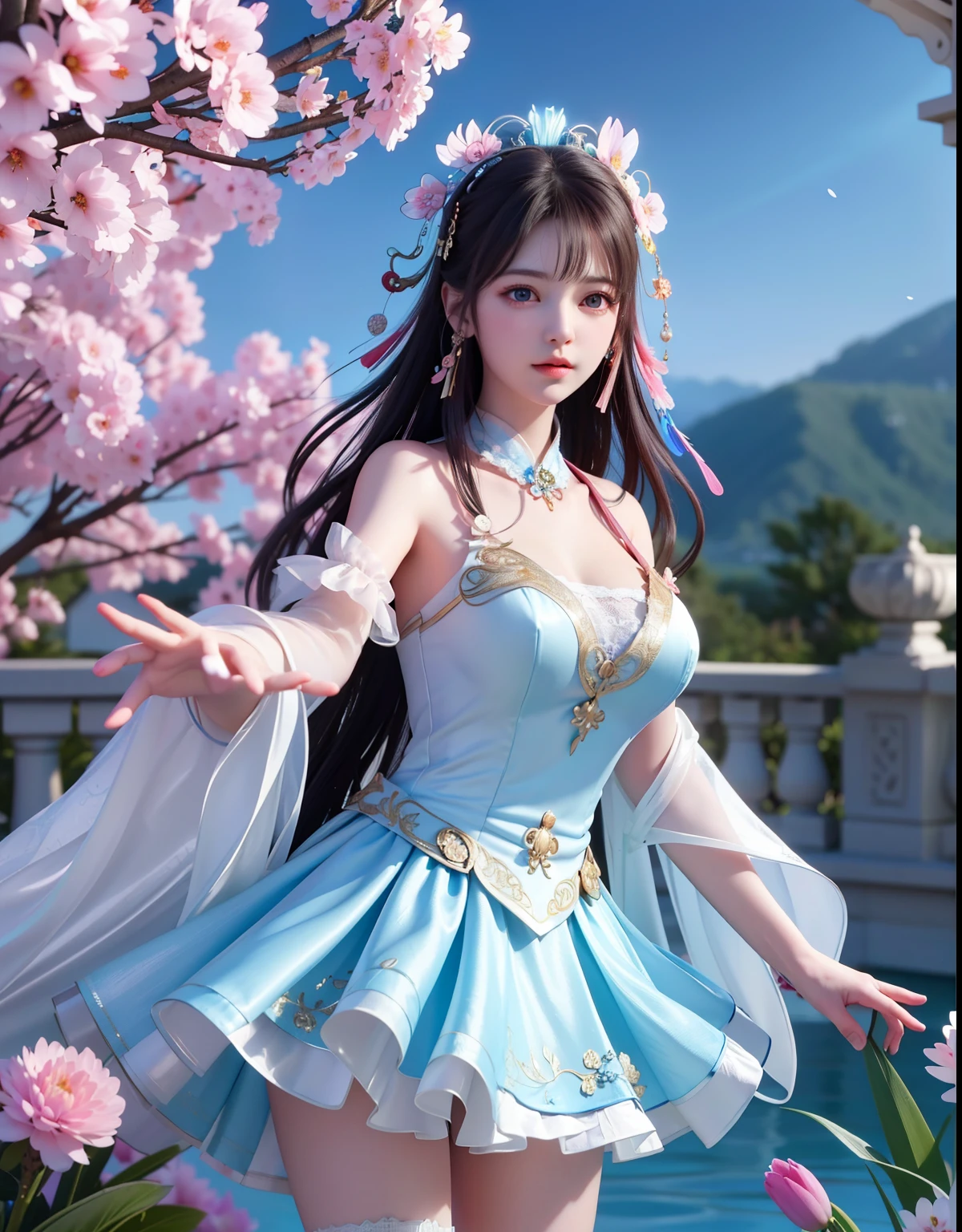 (8k, RAW photo:1.2), best quality, ultra high res,dramatic angle,(fluttered detailed color splashs), (illustration),(((1 girl))),(long hair),(rain:0.9), (Headdress:1.4),There is an ancient palace beside the girl,Hanfu,(Key Points),Color ink painting,(Splash of Color),Splash of Color,(((colorful))),(sketch:0.8) , Masterpiece, best quality, beautiful painted, highly detailed,(denoising:0.6),[splash ink],((ink refraction)), (beautiful detailed sky),moon,highly,detaild,(masterpiece, best quality, extremely detailed） CG Unity 8k Wallpaper，masterpiece，best quality，Ultra Detailed），（Lycoris）.shoulder ballet dress open V-chested clothes Thin silk lace dress short skirt , (huge ，cleavage),, white pink, blue ，best qualtiy，tmasterpiece，Ultra-high resolution，（Reality：1.4），RAW photogr，（True skin texture：1.3），（filmgrain：1.3），（Selfie angle），1个Giant Breast Girl，Beautiful eye and face details，tmasterpiece，Best quality at best，，The chest more exposed， detailed hair, bra pink , detail 8k, full body, lace petticoat, fan handle