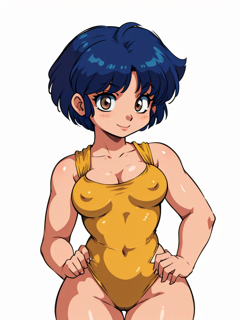 ((1girl,  TendouAkane, AkaneYellowSwimsuit, white background)), upper body, anatomically correct, fixed hand, ((hands on hips)), short hair, chibi, simple background, smile, five finger hand