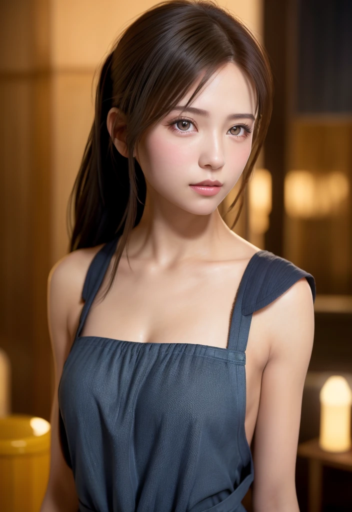 8K, of the highest quality, masutepiece:1.2), (Realistic, Photorealsitic:1.37), of the highest quality, masutepiece, Beautiful young woman, Pensive expression, Gentle eyes, Apron naked、Lovers、Hair tied back, Messy mood, Cinematic background,  Light skin tone