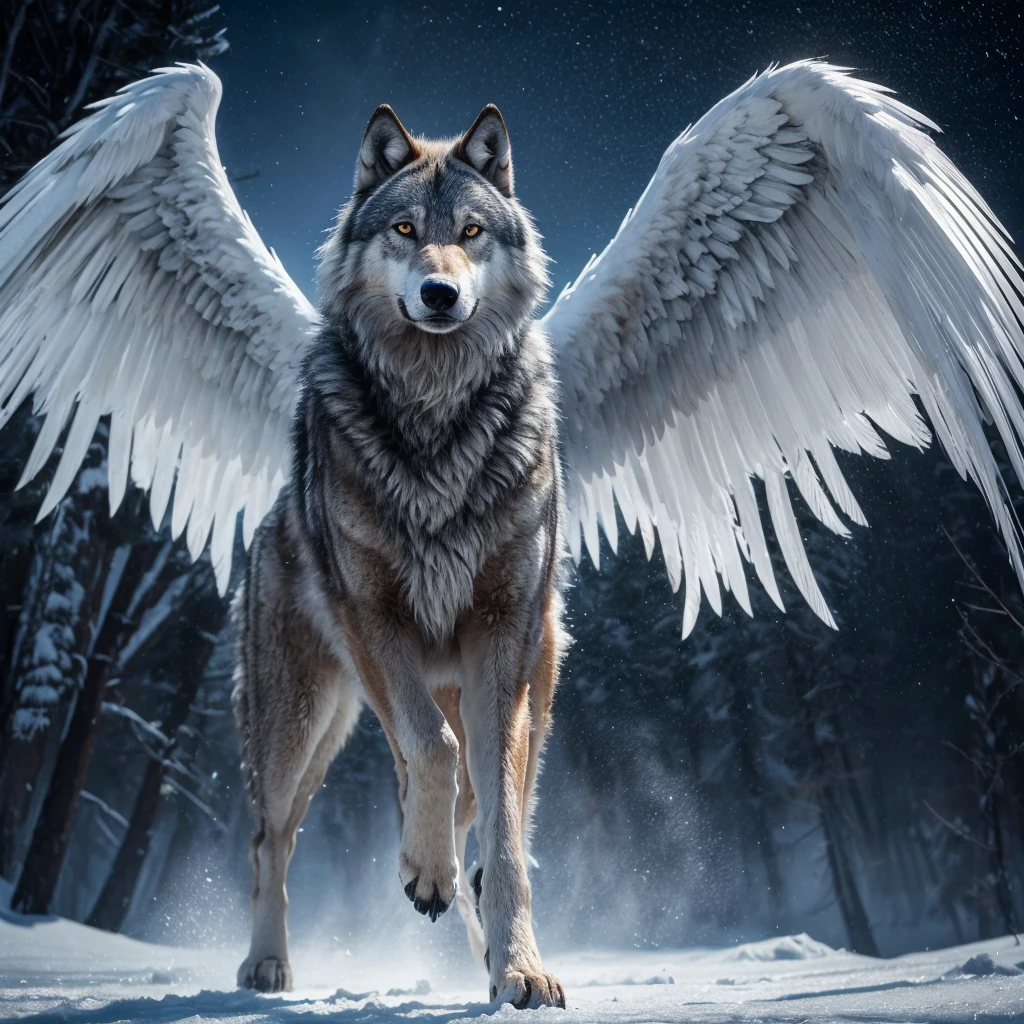 (8K, best qualityer, work of art: 1.2), (best qualityer: 1.0), (ultra-high resolution: 1.0), Animal, standing wolf, Glace gigante com wings nas costas, full body and bright eyes, Wolf, grey, Glace, ice, wings, wings,
