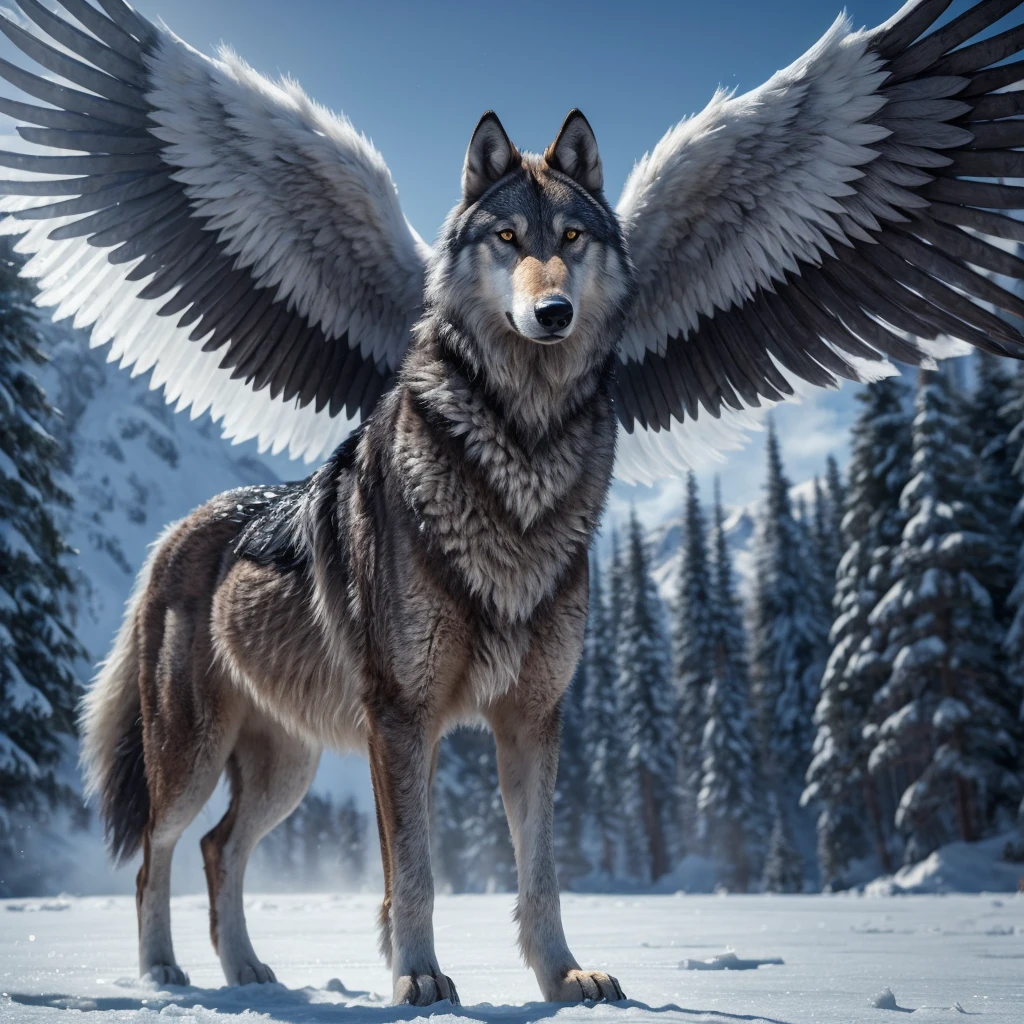 (8K, best qualityer, work of art: 1.2), (best qualityer: 1.0), (ultra-high resolution: 1.0), Animal, standing wolf, Glace gigante com wings nas costas, full body and bright eyes, Wolf, grey, Glace, ice, wings, wings,