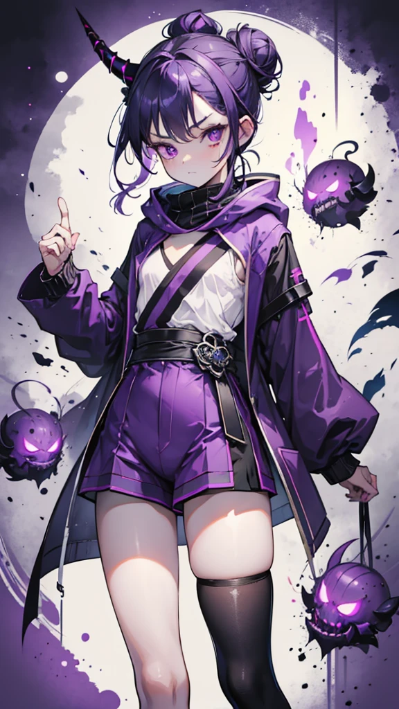 boy. thoughtful look. open forehead. black and purple hair tied in a bun on the left side to one side. sinuous black horns wrapped in dark purple ribbon. pale violet eyes. in short dark purple shorts. long white T-shirt. dark purple knee-high socks. dark_purple long coat with hood. древние dark_purple stone walls purple light from lamps