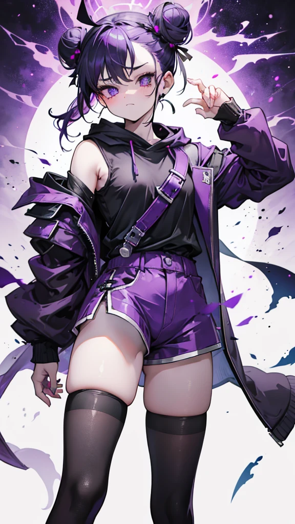 boy. thoughtful look. open forehead. black and purple hair tied in a bun on the left side to one side. sinuous black horns wrapped in dark purple ribbon. pale violet eyes. in short dark purple shorts. long white T-shirt. dark purple knee-high socks. dark_purple long coat with hood. древние dark_purple stone walls purple light from lamps