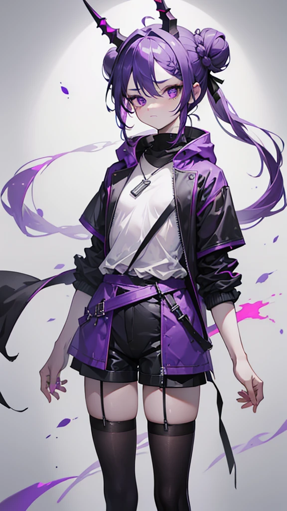 boy. thoughtful look. open forehead. black and purple hair tied in a bun on the left side to one side. sinuous black horns wrapped in dark purple ribbon. pale violet eyes. in short dark purple shorts. long white T-shirt. dark purple knee-high socks. dark_purple long coat with hood. древние dark_purple stone walls purple light from lamps