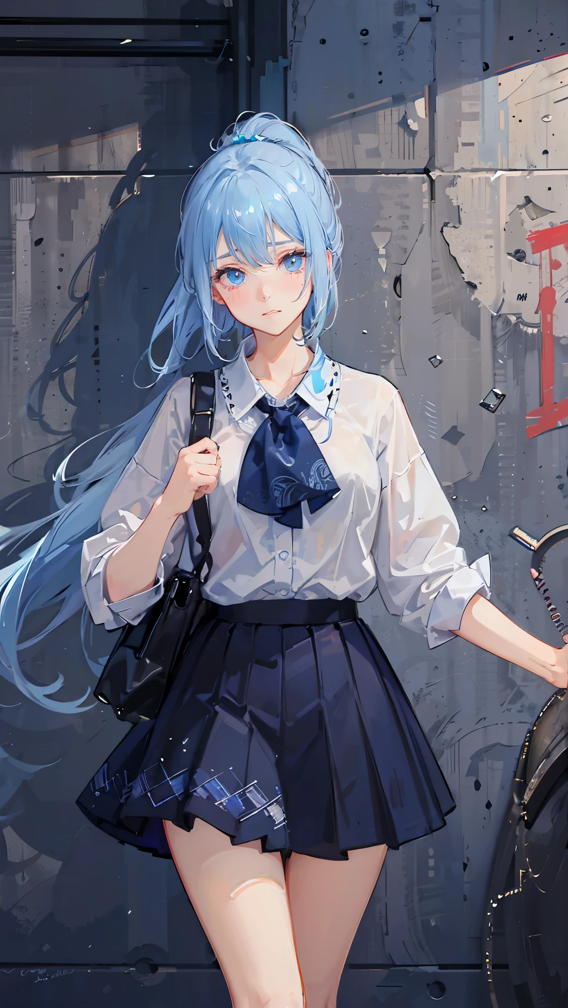 pretty anime girl, 16k quality, masterpiece, ((hyper detail background, delicate pattern, intricate detail)), best quality, intricate detail, chromatic aberration, 1 girl, splashed paint, blue-gray color hair, messy hair, ponytail hairstyle, ruddy blue highlights, ruddy blue eyes, sharp eyes, extremely detailed face, extremely detailed eyes and face, beautiful detail eyes, chokes, bar house, graffiti, dim lights, alley, oversize shirt, paint on shirt, red line shirt, black medium skirt, masterpiece, best quality, extremely detail shadow quality, advance for background and shadows quality, all body, wear a glass, colorful, all body.