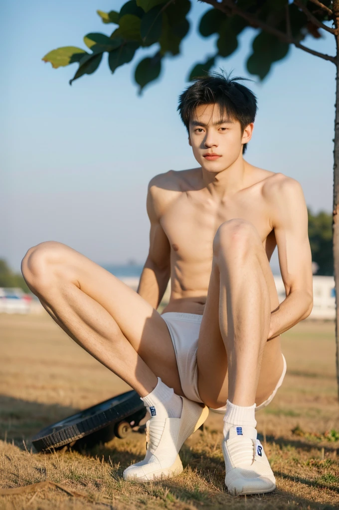 nansheng,1 boy, Solitary, topless, wear white thong underwaer，Socks and feet close-up，Male focus,sky空, outdoor, sky, Practical,Grass, Whole body, show abs,(The best shadow), Wheels within wheels, bright, Lens distortion correction，(The best shadow),Wheels within wheels, bright, Lens distortion correction