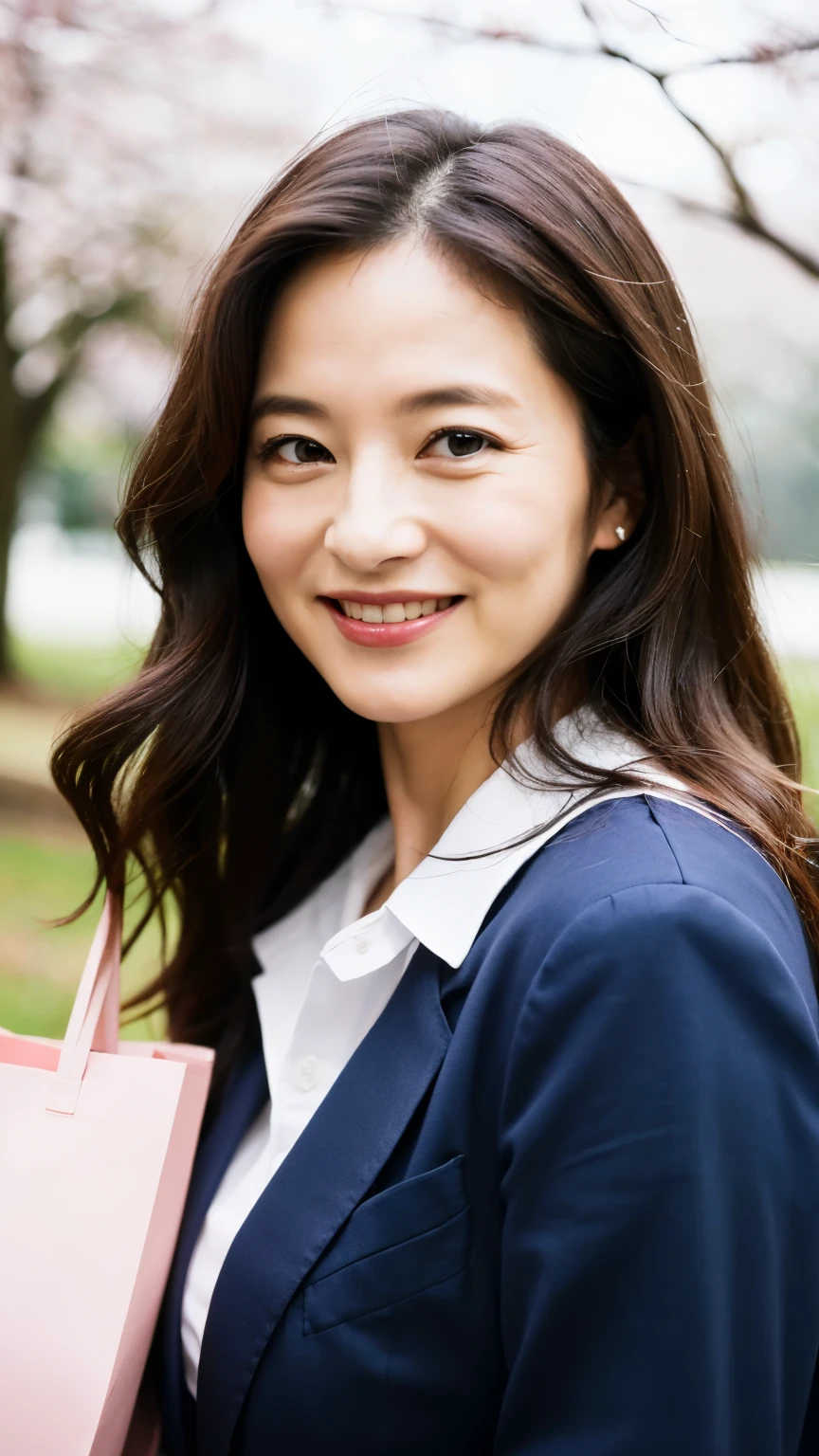 ((Highest quality、8K、masterpiece:1.3))、Photorealistic, Sharp focus, high resolution, High resolution, Portraiture, alone, Japanese, Slightly thicker, Middle-aged women, Beautiful woman, suit, 55 years old, Wavy Hair, Wrinkles around the eyes, The background is cherry blossoms, Holding a shopping bag in hand, smile